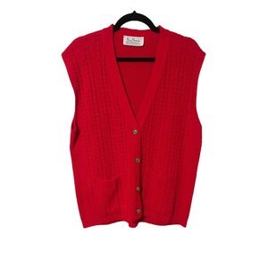 Vintage Nan Dorsey 60s 70s Knit Cozy Red Pocket Vest Gold Buttons Holiday